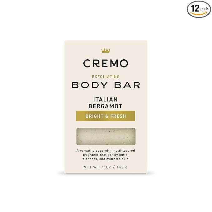 Cremo Exfoliating Body Bar for Men, Italian Bergamot Scent, Multi-Layered Fragrance That Buffs, Cleanses and Hydrates Skin, 5oz (Pack of 12)