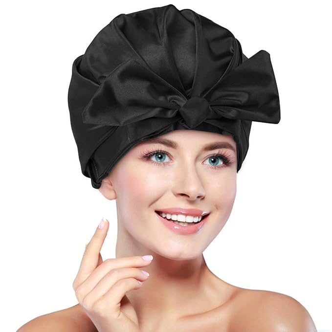 Large Shower Cap for Women Reusable Waterproof Adjustable Shower Caps with Silk Satin Lined Luxury Shower Cap for Long Hair (Black)