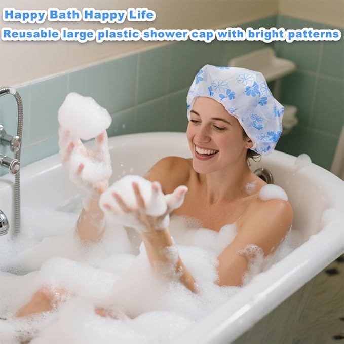 18 Pack Shower Caps for Women,Waterproof Reusable & Disposable Adjustable Bath Caps For Spa Long Hair Travel Saunas (Blue Flowers)