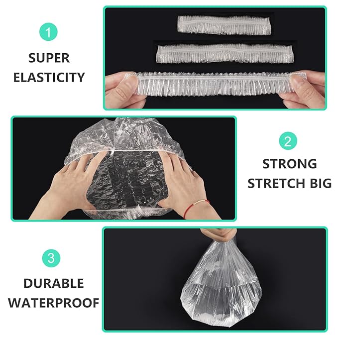 Keeygo Disposable Shower Caps 100 PCS Bath Caps Clear Waterproof Plastic Wraps for Women, Hotel Travel Essentials Accessories Hair Caps(20.5")