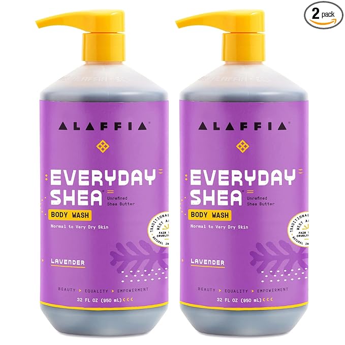 Alaffia Body Wash, EveryDay Shea, Lavender 2-Pack – Gentle Skin Cleanser, Shower Gel for Normal to Very Dry Skin, 32 Oz Ea