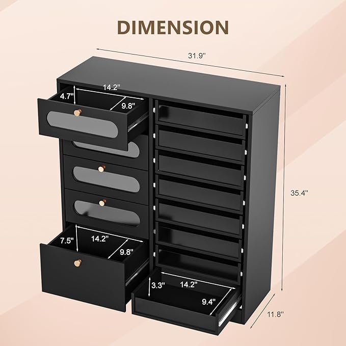 OmySalon Nail Salon Organizer Cabinet, 32" L Floor Storage with 8 Clear & 4 Visual Drawers, Wooden Display for Polish & Powder, Beauty Salon Furniture (Black, 32'' Length)