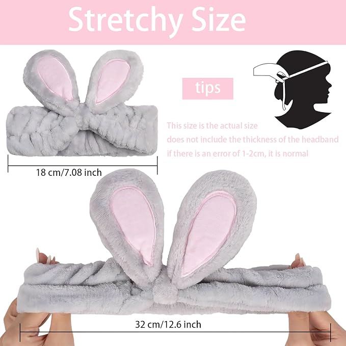 musejoy 2 Pcs Headband Bunny Ears Headband Cute Spa Headbands for Washing Face Skincare Makeup Headbands for Women Girls Trendy Stuff Present Soft Coral Fleece Hair Accessories(Grey+White)