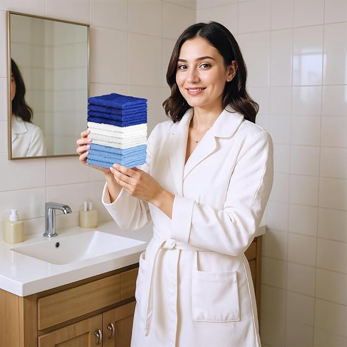 QUBA LINEN 100% Cotton Washcloth Set – Soft, Absorbent Face Towels for Bathroom & Gym Use – Durable & Reusable Wash Cloths - (Blue, White and Navy (12x12), (Pack of 12)