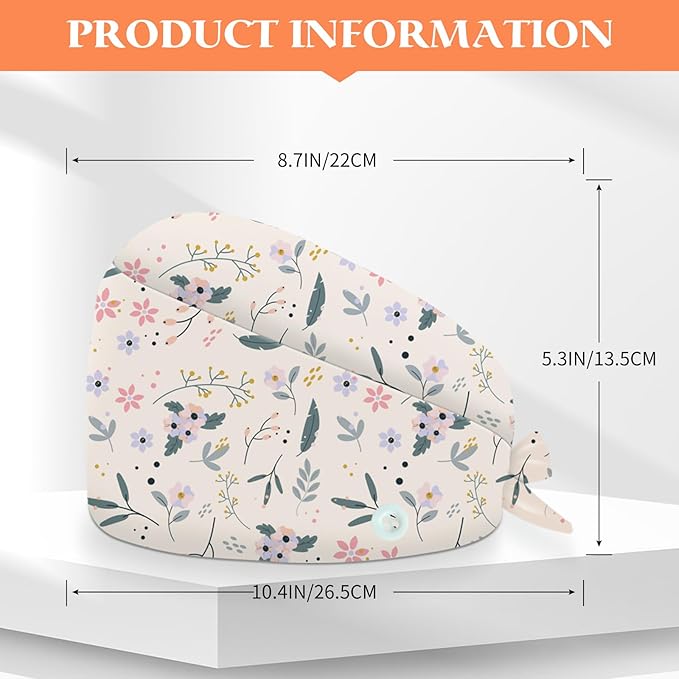 Adjustable Scrub Cap with Buttons & Sweatband, Working Hat with Elastic Tie Back, Unisex Nurse Surgical Caps for Women & Men