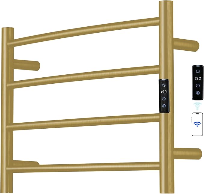 Electric Towel Rack with Voice Control for Alexa & Google Home,TUYA - Wall-Mounted Bathroom Heating Towel Warmer,Plug-in,Stainless Steel Material,16.54x23.62x5.51 in,Gold，4 Bars