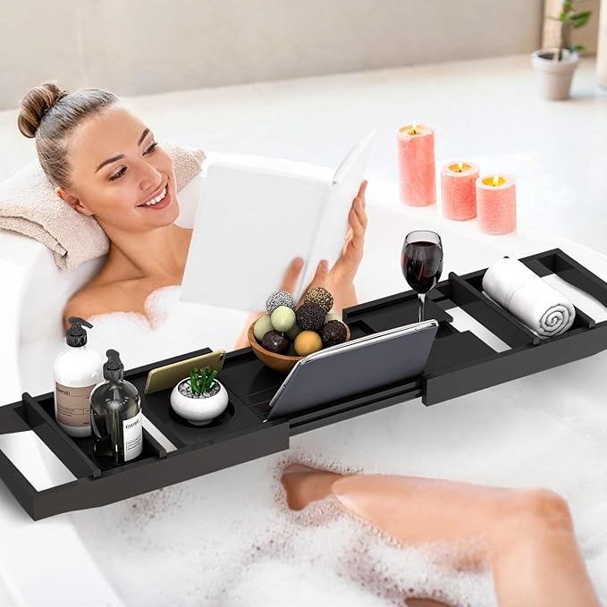Domax Bathtub Caddy Tray Expandable Bamboo Tub Tray for Luxury Bath with Book Holder and Free Soap Dish Black