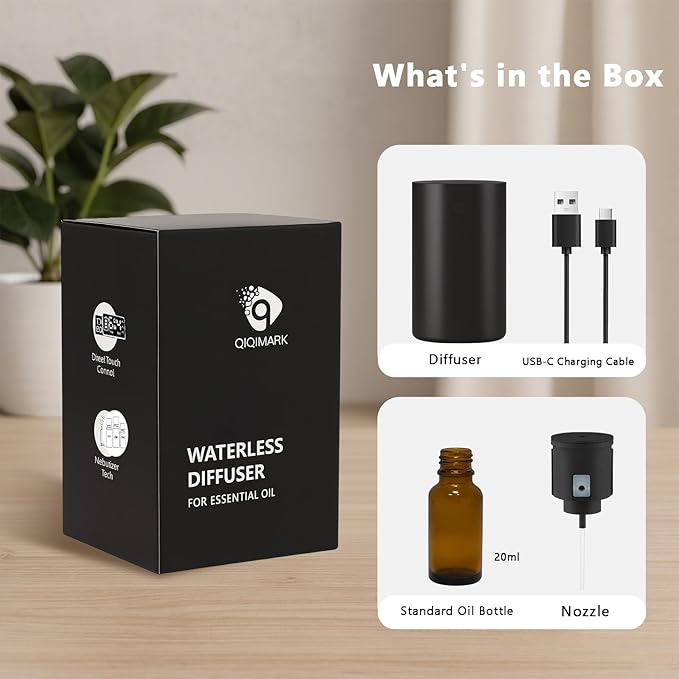 Waterless Essential Oil Diffuser, Rechargeable Cordless Scent Diffuser Machine, 20mL (0.7oz) Capacity, 4 Mist Levels & 4 Countdown Timers, Cup Holder Car Diffuser for Home Bedroom Office, Black