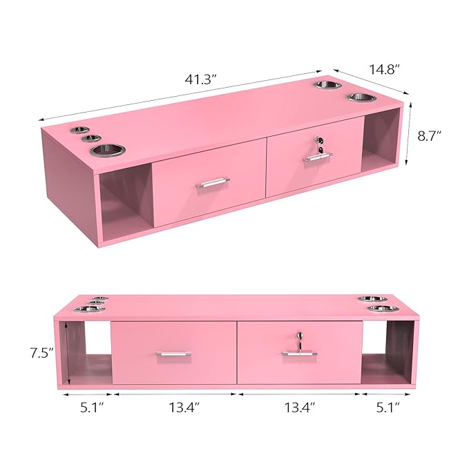 OmySalon Locking Wall Mount Styling Station, Beauty Barber Spa Equipment, Salon Cabinet Station for Hair Stylist,Bathroom Dresser with 5 Hair Dryer Holders,Pink