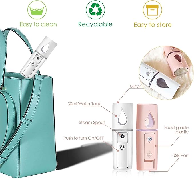GIVERARE Nano Facial Steamer, Handy Mini Mister with Mirror, USB Rechargeable Mist Sprayer, Visual Water Tank Moisturizing&Hydrating for Face, Makeup, Skin Care, Eyelash Extensions-White