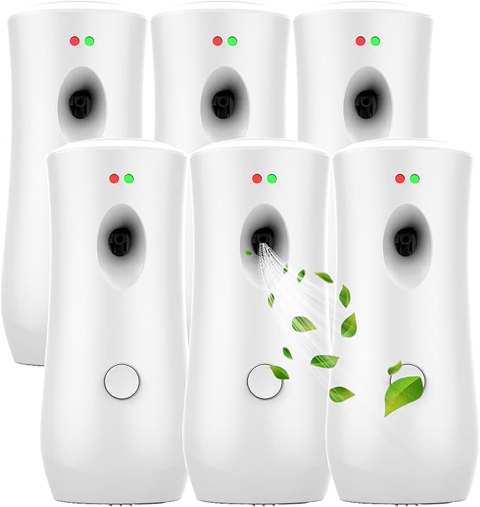 Automatic Air Freshener Spray Dispenser (6-Pack), Free Standing or Wall Mounted Adjustable Aromatherapy Machines for Home, Indoor, Bathrooms, Offices, Hotels and Commercial Places (White, 001)