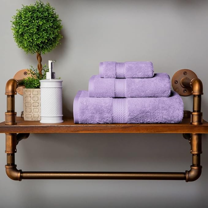 SUPERIOR Egyptian Cotton Pile 3 Piece Towel Set, Includes 1 Bath, 1 Hand, 1 Face Towel/Washcloth, Ultra Soft Luxury Towels, Thick Plush Essentials, Guest Bath, Spa, Hotel Bathroom, Purple