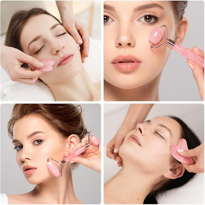 URAQT Gua Sha Facial Tools & Jade Roller Set for Face Guasha Tool for Face Ice Roller for Skin Care Gua Sha Stone Board Set for Reduce Puffiness and Improve Wrinkles Self Care Gifts(Pink)