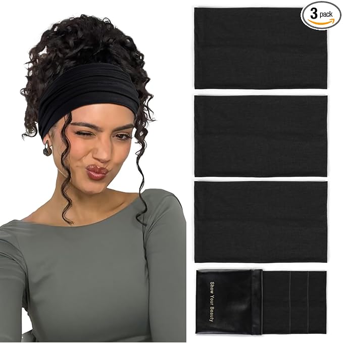 Huachi Black Headbands for Women Wide Headbands for Women Non Slip Thick Womens Headband Boho Elastic Hair Bands for Women's Hair Stretchy Sweat Head Band for Workout Running Working
