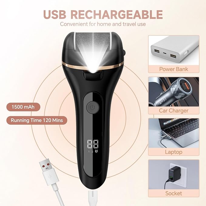 Electric Callus Remover for Feet with 3 Rollers, Waterproof Electric Foot Callus Remover, Rechargeable Portable Foot Scrubber, Professional Pedicure Tools, Foot Care for Dry/Dead Skin, 2 Speed, Black