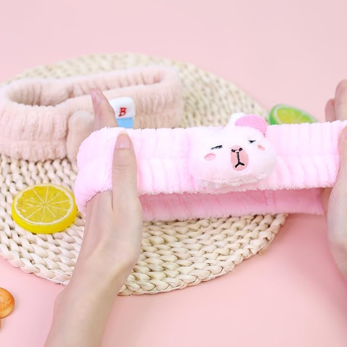 Spa Headband for Washing Face, 2 Pack Cute Halloween Hair Band for Shower Yoga Beauty, Fluffy Makeup Headband, Kawaii Facial Headbands for Woman Girls, Pink+Beige Capybara