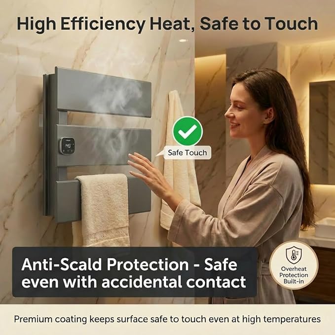 Electric Towel Warmer, Heated Towel Rack with Thermo Control and Timer, Fast Heating Towel Rail for Bathroom with Memroy Function, Work with Smart Plug, Left-Wiring, 3 Panel, Gun Gray