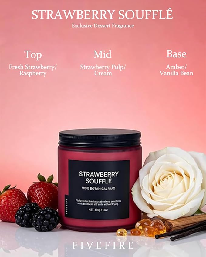 Strawberry Soufflé Home Scented Candles, 13oz Organic Soy Wax, 76-Hour Clean Burning, Natural Non-Toxic, Sweet & Fruity Gourmand Scent for Relaxation, Aromatherapy Housewarming Candle Men Women