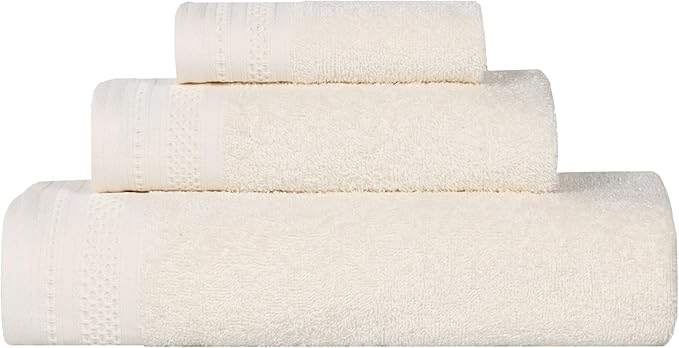 Superior Honeycomb Cotton Medium Weight Towels, for Guest Bath, Master Bathroom, Shower, Quick Dry, Adults, Home Essentials, Textured Waffle Border, Assorted Towel Set, 3 Piece Towel Set, Ivory