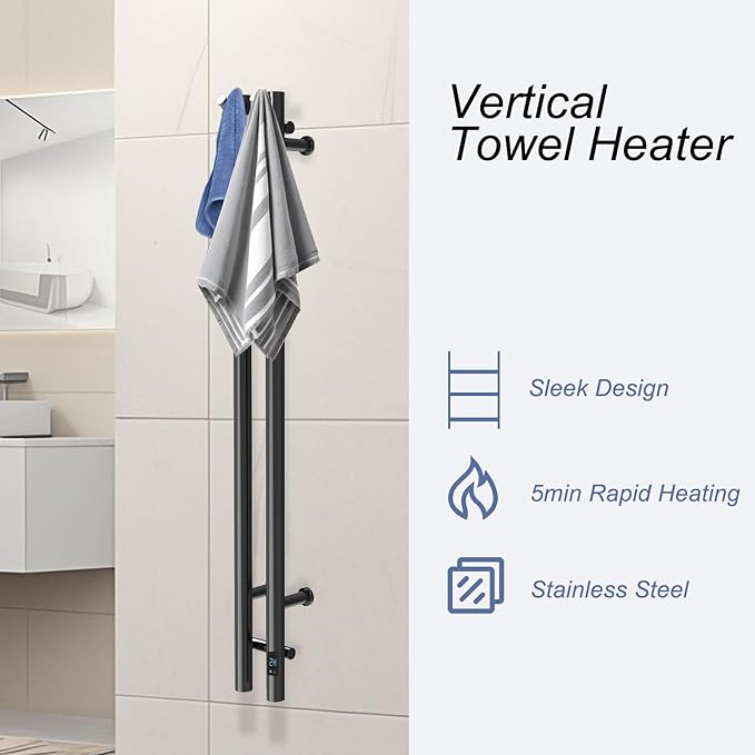Heated Towel Rack, Towel Warmer with Timer, Wall Mounted hot Towel Warmer Rack for Bathroom, Hardwired or Plug-in Models Vertical Towel Heater, 2 Vertical Rack Round Design (Black)