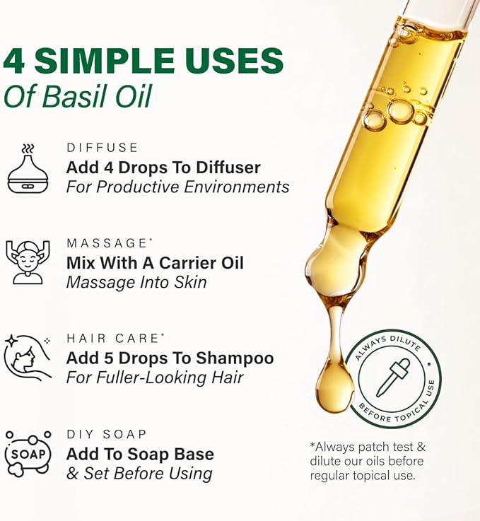 100% Pure Basil Oil - 4 Fl Oz Basil Essential Oil for Hair, Skin, Diffuser, Aromatherapy & DIY Soap Making Scent