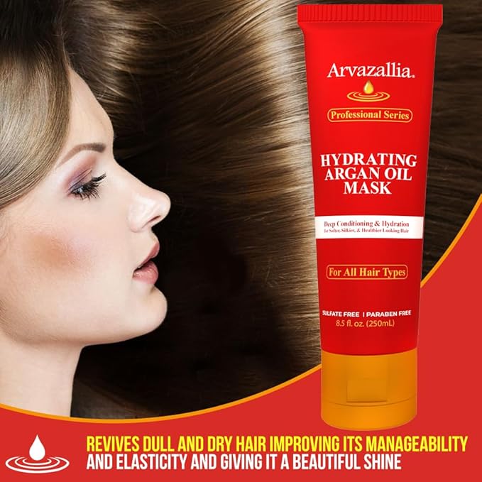 Arvazallia Hydrating Argan Oil Hair Mask and Deep Conditioner for Dry or Damaged Hair (8.5 oz Tube)