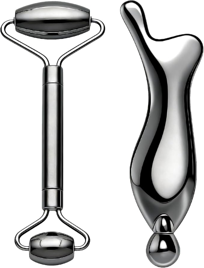 303 Stainless Steel Face Roller Set with Metal Gua Sha Facial Tool– Face Massager Tool for Lymphatic Drainage & Sculpting, Ice Face Roller & Guasha Tool for Face, Eye Roller Self Care Gifts for Women