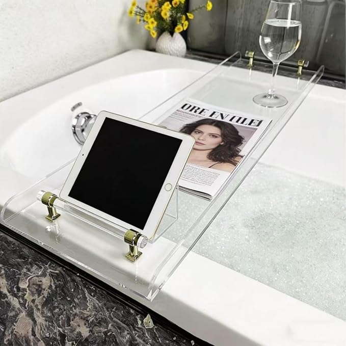 WANLIAN 33inch Luxury Bathtub Caddy Tray for Bathroom Bath tub Table Caddy Shelf for Shower Storage Organizer tub Accessories for Bath tub Table Caddy (Gold-Clear)