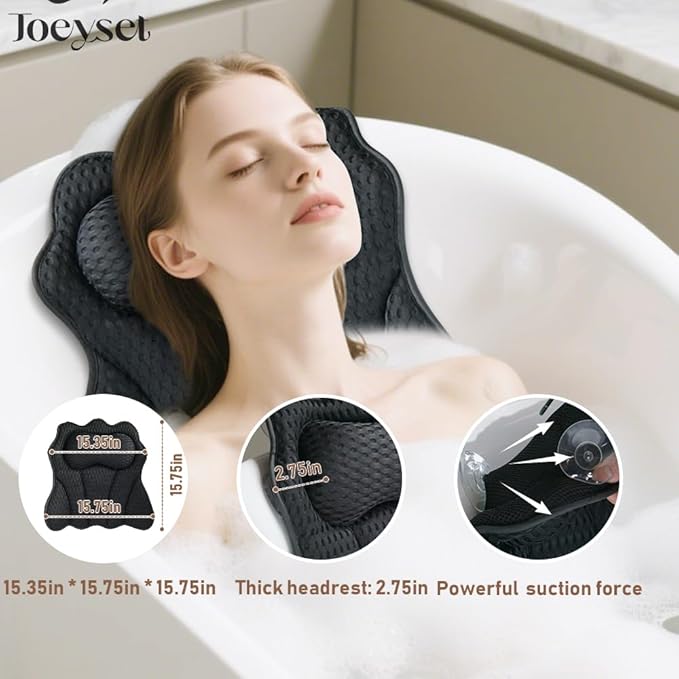 Bath Pillows for Tub, Bath Pillow, Bathtub Pillow, and Luxury Bath Accessories for Head, Neck & Back Support, Relaxing Spa Bath Tub Pillow with 6 Strong Suction Cups (Black)