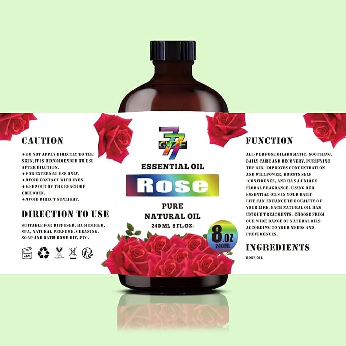 Rose Essential Oil - GV77ZF Rose Oils for Diffusers, Humidifiers, DIY Candles, Soap, Cleaning, Home, Office, Yoga, Massage, Gifts - 8 fl oz (240 ml)