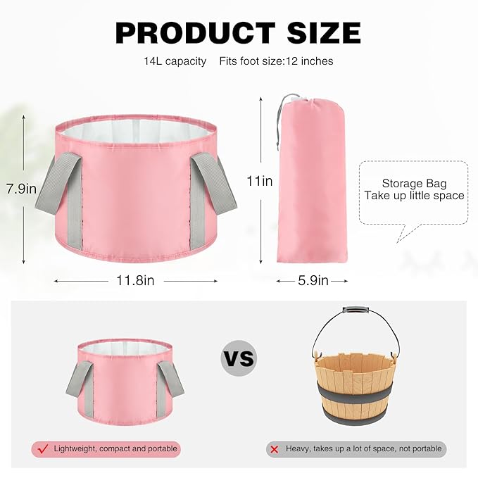 Maxcheck 14L 6 Pcs Pink Collapsible Foot Basin Tub Portable Soaking Feet Bath Bag Foldable Bucket with Handles Pedicure Foot Spa Tub for Travel Camping Outdoor Washing