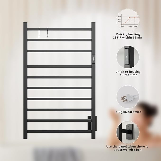 Wall Mounted Towel Warmer Square 10 Bars with Plug-in and Hardwired Options 3 Working Modes Black Stainless Steel 21" W 34" H