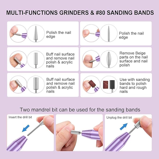 COSITTE Electric Nail Drill,USB Electric Nail Drill Machine for Acrylic Nail Kit,Portable Electric Nail File Polishing Tool Manicure Pedicure Kit Efile Nail Supplies for Home Salon,Lilac