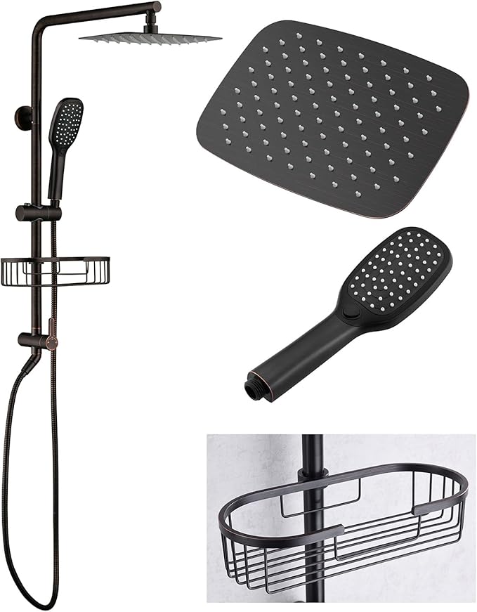 SonTiy Rain Shower Head System with Handheld Spray, 360° Adjustable Shower Arm Exposed Showerhead Kit with Caddy for Whole Family, Brushed Gold, Oil Rubbed Bronze