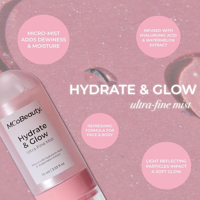 MCoBeauty Hydrate & Glow Ultra Fine Mist - Hydrating Face & Body Spray - Refreshing Dewy Makeup Prep & Setting Mist - with Hyaluronic Acid Watermelon Extract Aloe Vera - Vegan & Cruelty Free