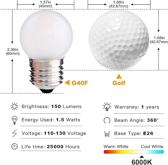 G40 1.5w Dim Led Bulb Equivalent 15 Watt Light Bulbs, Standard E26 Base Frosted Glass Soft Bright White 6000k for Home Decorative, Fridge Freezer Lamp, CRI 90+, 150lm, Pack of 4