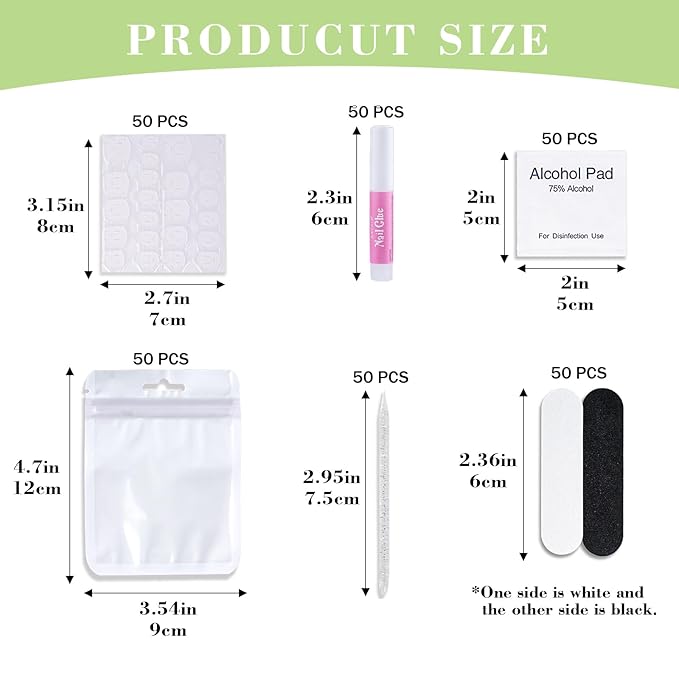 Press On Nail Tool Kit with Everything, Bebbtiy Press On Nail Prep Tool Kit Disposable Manicure Kit with Nail File, Nail Glue, Prep Pads, Adhesive Nail Tabs, Wood Stick, Packaging Bag (50pcs-white)
