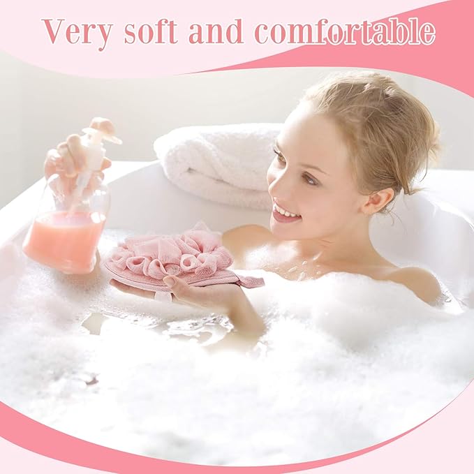 Boao 3 Pcs Bath Shower Pouf Sponge Mesh Pouf Shower Ball Exfoliating Body Sponge Pad Scrubber Glove with Flower Bath Ball (Beige,Dark Pink Purple)