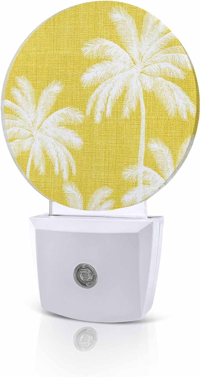 Night Lights Auto Sensor Tropical Palm Trees Night Light Yellow Linen Coastal Round Lamp Plug-in LED Nightlights Dusk to Dawn for Living Room Bedroom Bathroom Hallway Wall Decor