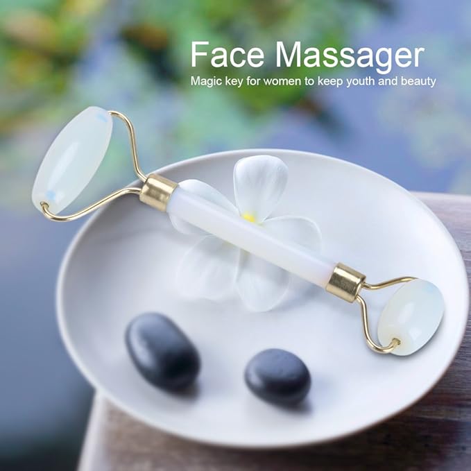 1Pcs Natural Jade Double-head Beauty Roller Anti-Aging Face Roller Eye Neck Massager Slimming Tool Tool(Light Blue)