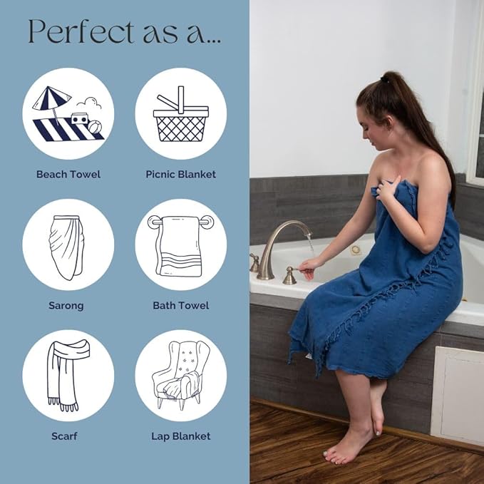 InfuseZen Stonewashed Turkish Bath & Beach Towel –100% Organic Turkish Cotton - Soft, Lightweight, Absorbent - Quick Dry, Sand Free - Swim, Pool, Shower, Travel - Peshtemal, Hammam Spa Towel - Blue