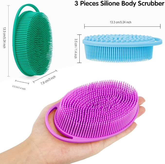 3 Pack Silicone Body Scrubber, Silicone Loofah Exfoliating Body Scrubber, Soft Silicones Body Brush Bath Shower Scrubber for Body, 2 in 1 Bath and Shampoo Wash Brush for Skin Exfoliation Men Women