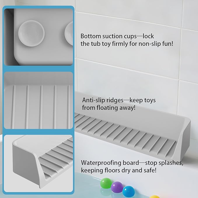 Bathtub Splash Guard PlayPad Shelf Area with Strong Suction Cups, Toy Tray Caddy Holder Storage Over Tub, Bathtub Ledge Guard, No Mess Water, Splash Protection Water Barrier for Bathroom-Gray