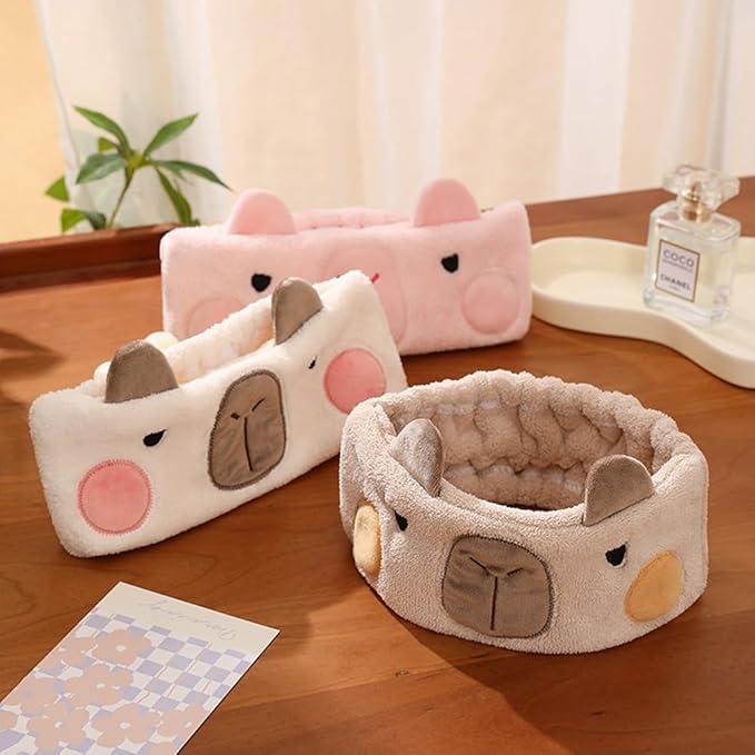 PERFECTSIGHT Kawaii Headband for Spa, Makeup, Washing Face, Party - 2 Pack Cute Hair Band for Shower Beauty Skincare, Soft Facial Headbands for Girls and Women (Brown+Pink Capybara)