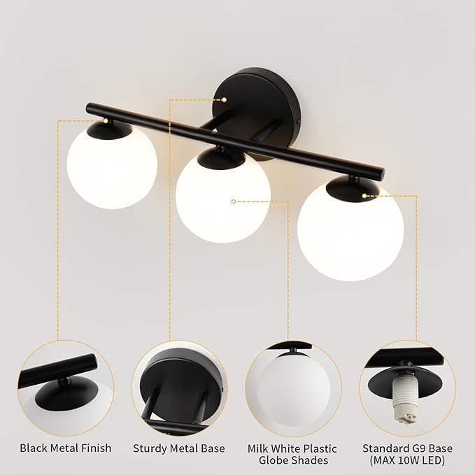 Black Globe Bathroom Light Fixtures 3-Light Vanity Light with Plastic Milk White Globe Shades 11.81 inch Wall Sconce Lighting Over Mirror, Vanity Lights for Bathroom Bedroom Hallway