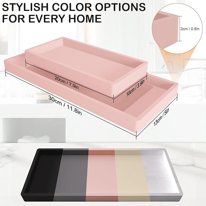 Bathroom Vanity Tray, Silicone 11.8 x 5 Inch Bathroom Counter Tray Decor, Extra-Large Bathroom Trays Holders and Organizers for Toilet Top, Dresser, Waterproof Decorative Tray, Pink