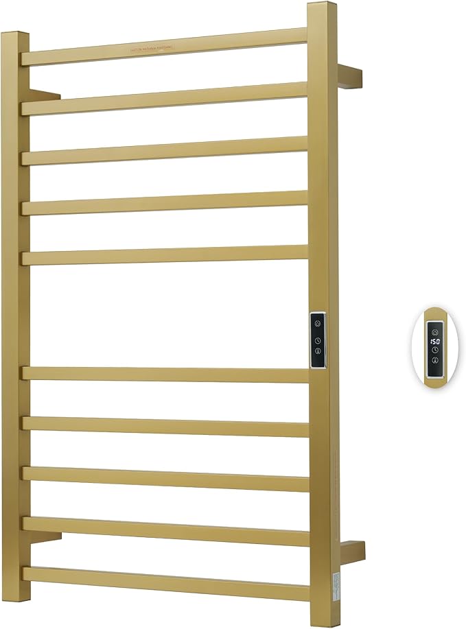 Heated Towel Racks for Bathroom, Wall Mounted Electric Towel Warmer Racks with Timer & Temperature Control, 10 Bar Stainless Steel Towel Heater for Bathroom, Brushed Gold, Plug-in
