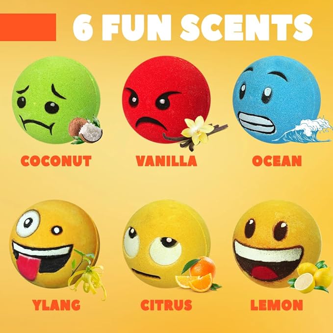 HZEX Large Emotion Face Bath Bombs Set of 6 – Fun Emoji-Inspired Spa Fizzies – Handmade with Shea Butter, Cocoa Butter & Essential Oils – Moisturizing Gift Set for Women, Men & Kids
