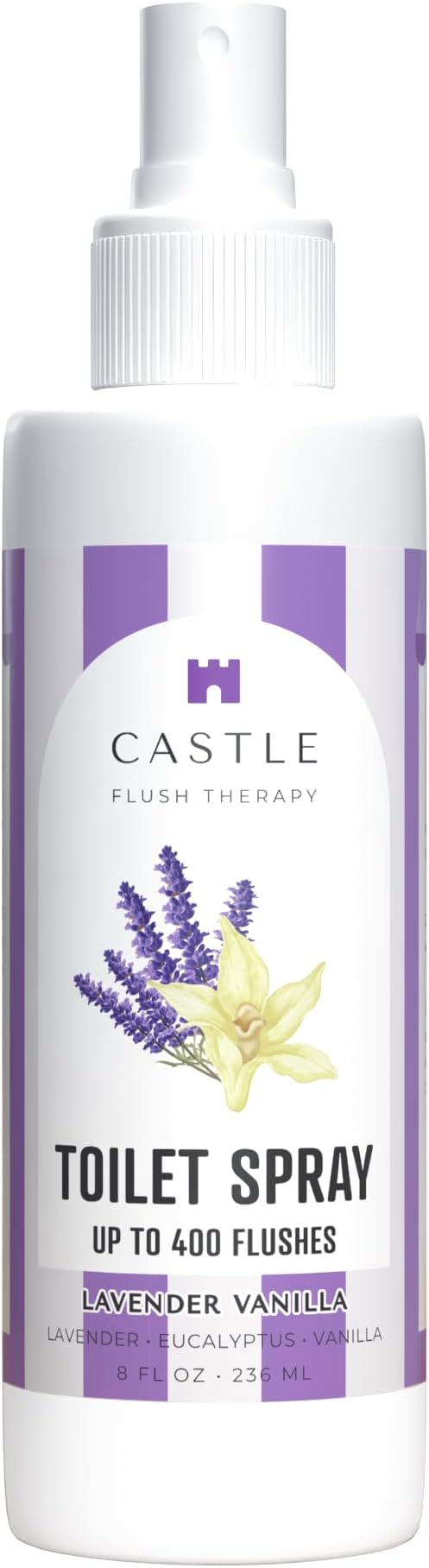 Castle Flush Therapy Toilet Spray for Poop Lavender Vanilla Flush Therapy 8oz Made in USA- Poop Spray for Toilet Freshener Odor Block Flush Safe Oil Scent Fresh Bathroom Home Travel Family Daily Use