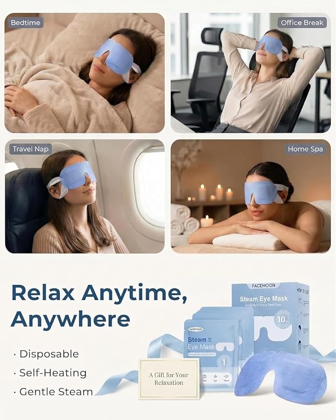 10 Packs Self Heating Steam Eye Mask: Warm Eye Compress for Dry Eyes, Stye Eye Treatment - Disposable Moist Heated Sleep Mask for Tired Eyes & Headache Relief - Ideal for Travel & Spa Gift(Unscented)